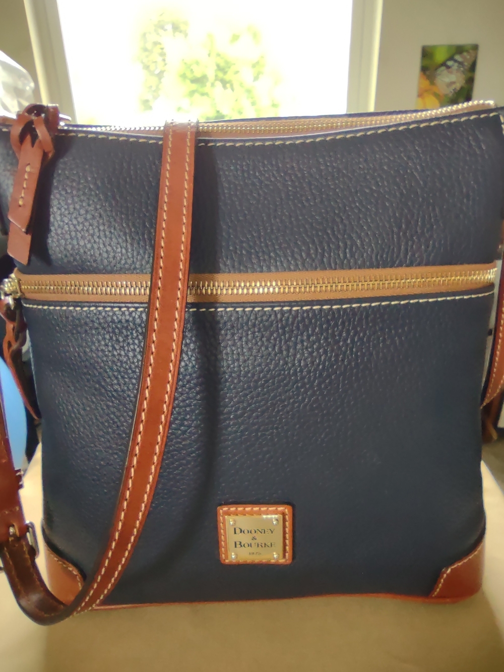 Dooney & Bourke Navy Pebbled Leather Crossbody Bag with Tan Trim